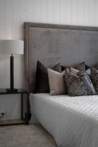 bedroom, pillows, lamp, real estate, interior, house, luxury, floor, wooden, decor, art, hallway
