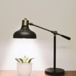 Minimalistic desk lamp illuminating a succulent on a wooden table, perfect for interior design inspiration.
